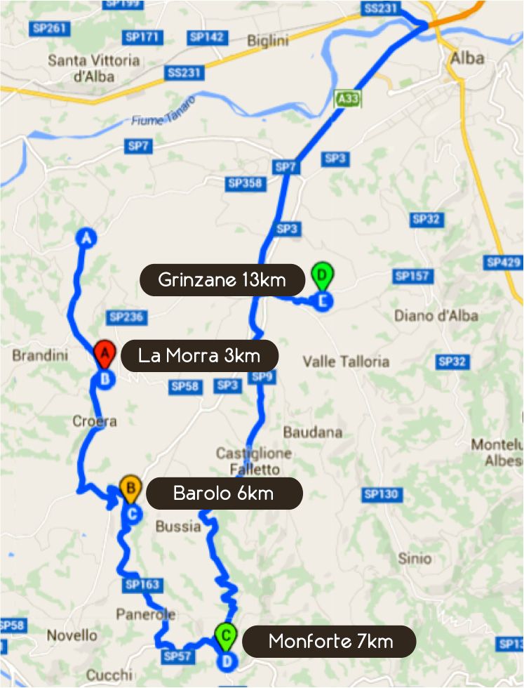 Mappa itinerario del secondo giorno del Tour Barbaresco