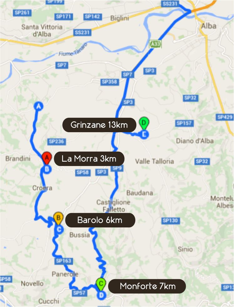 Percorso del Secondo Giorno Mappa itinerario del secondo giorno del Tour Nebbiolo