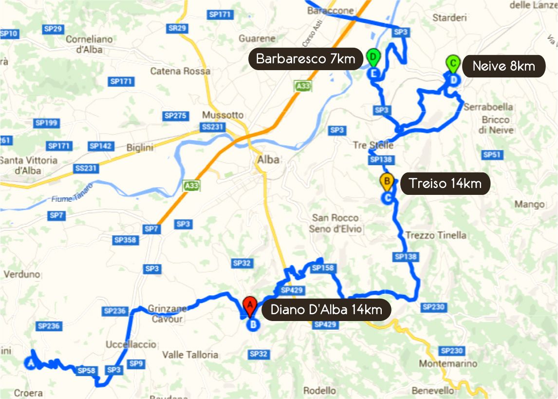 Mappa itinerario del terzo giorno del Tour Barbaresco
